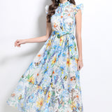 Slicing Hollow Lace Splicing Small Flying Sleeves To Close The Belt With Thin Temperament Single-Drace Printed