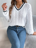 Autumn And Winter New College Style V-Necked Lantern Long-Sleeved Sweater Women's