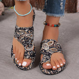 National Wind Flat-Bottomed Toe Slippers Women 2025 New Breathable Printed Roman Style