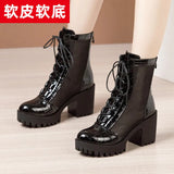 Leather Net Gauze Martin Boots Summer 2023 New Waterproof Table Large Size Round Head High Heels With Lace-Up