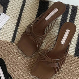 Head Cross Fine Striped High Heel Cool Slippers Woman 2025 New Temperament Thin Heel Toe Roman Sandals