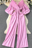 Women V-Neck Wide Leg Ruffle Jumpsuits Female Sexy Puff Short Sleeve High Waist Slim Vacation Beach Romper