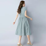 Vintage Cotton And Hemp Green Apricot blue Striped Short Sleeve Women Dress Summer Casual Loose Mid-Calf Lady Dress 4960