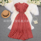 Zingj Retro Round Collar Lace Pressure Pleated Skirt Temperament Goddess Fan Xia New Style Waist Lotus Edge Show Thin