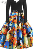 Women Christmas Dress Winter Long Sleeve V Neck Pumpkin Print Halloween Costume Party Dresses Casual Vintage S~3XL