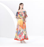 Wind Shoulder Lotus Leaf Side Bright Silk Print Dress Girl Spring Waist Temperament Big Chiffon Long