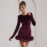 Women's Clothing 2025 Autumn New Fashion Temperament Velvet Collar Three-Dimensional Folded Hem Long-Sleeved Dress