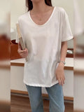 And Autumn New U-Shaped Collar Open Fork Medium-Long Loose Casual White Long-Sleeved
