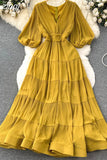 Vintage Women Pleated Long Dress Elegant V-Neck Puff Short Sleeve High Waist A-Line Ruffle Draped Big Swing Maxi Robe