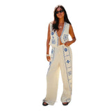 Fashion New Ladies Print Set Of Art Retro Sleeveless Top Broad Leg Pants Two