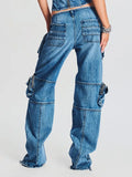 Zingj 2024 New Fashion High Street Design Sense Pocket Stitching Tooling Wind High Waist Straight Tube Denim Warehouse Pants