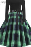Autumn Winter Women Plaid Print Dress Elegant Casual Vintgae Dress Robe Femme Black Patchwork A-line Party