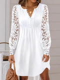 Mini Dress Women Summer Elegant Dress Female Fashion O Neck Button Dress Ladies Lace Hollow Out Long Sleeve