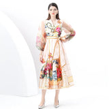 Retro V-Neck Strap With Belt Mesh Lantern Sleeve Fashion Print Big Swing Cardigan Dress Dress Dress