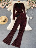 Bright Silk Two Piece Set Women Elegant Blue/Red V-Neck Long Sleeve Blouse+High Waist Wide Leg Pants Suit Spring