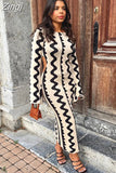 Vintage Wave Print Knitted Long Dress Women Elegant Party Pencil Dress Long Sleeve Crew Neck Cutout Waist Pencil