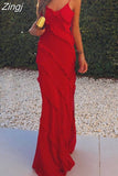 Elegant Women Sleeveless Strap Ruffle Sling Long Dress 2023 V-neck Summer Beach Side Split Party Evening Vestido