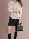 Sweet Lace Striped Shirt Woman 2025 Early Spring New Loose Thin Top Wood Ear V-Neck
