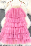 Cascading Ruffle Mesh Spaghetti Strap Mini Dress Women Purple/Green/Pink Sleeveless A-Line Vacation Beach Vestidos