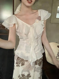 Xixi 2025 Summer New Elegant Temperament Flowers V Collared Leaf-Side Shirt Thin Top Lady