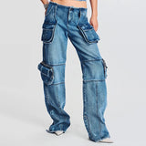 Zingj 2024 New Fashion High Street Design Sense Pocket Stitching Tooling Wind High Waist Straight Tube Denim Warehouse Pants