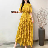 Women's Summer Design Sensing Splicing Round Collar Horn Sleeves To Close The Waist Thin Lace Lotus Side