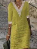 And Summer New Solid Color V-Neck Sleeve Cotton Temperament Elegant Dress