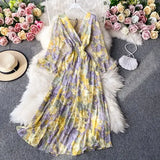 Autumn Women Floral Long Dress Vintage V-Neck Flare Sleeve Backless High Waist A-Line Big Swing Maxi Vestidos New