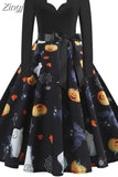 Women Christmas Dress Winter Long Sleeve V Neck Pumpkin Print Halloween Costume Party Dresses Casual Vintage S~3XL