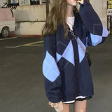 Women Geometric V-neck Long Sleeve Knitted Sweaters Baggy Korean Style Retro Leisure Students Ins Chic Fall