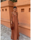 Women Elegant Button Decor Ruffle Adjustable Strap Dress Sexy Deep V Neck Backless Long Dreses 2024 Summer Lady Chic Party