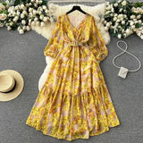 Retro Floral Dress Women's Spring And Summer Lantern Sleeve Design Sense Small Thousand Gold Princess Temperament Swing