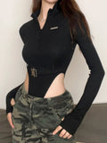 Streetwear Zipper Skinny Black Women Bodysuits Top Buckle Turtleneck Autumn Body Fashion Motorcycle One Piece