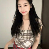 Zingj New Sexy Hot Girl Pleated Lace Bump Color Plaid Square Collar Slim Short-Sleeved T-Shirt