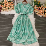 French Crumlom Dyed Summer New Waist Display Thin And Long Elegant Folded Chiffon Dress Holiday