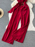 Vintage V-Neck Wide Leg Jumpsuits Women Elegant Red/Green/Orange Sleeveless High Waist Romper With Belts New Fashion