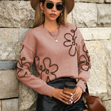 And Winter New Women's Sweater Fashion Flowers Three-Dimensional Embroidered Round Collar Long-Sleeved Knitted Shirt