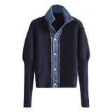 Korean Version Of The 2025 Autumn And Winter Ins Loose Denim Splicing Knit Coat Women Bubble Sleeves Two Sweater