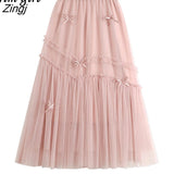 Bow Pink Long Tulle Skirt Women Korean Fashion ELastic High Waist A-Line Tutu Maxi Skirt Elegant Female Faldas Jupe