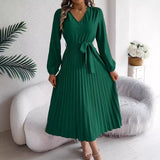Autumn And Winter Temperament Elegant V-Neck Button Tie With Big Swing 100 Folds Long Dress Dress Women's