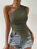 Spring And Summer New Single Shoulder Asymmetric Knitted Sleeveless Top T-Shirt
