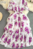 Women Floral Chiffon Draped Long Dress Vintage V-Neck Short Puff Sleeve High Waist Ruffle Pleated Vacation Beach Robe