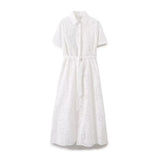 New Fashion Lapel Short Sleeve Pure White Embroidered Shirt Dress Women