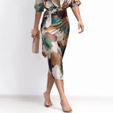 2025 Women's Dress New Temperament Fashion Print V Tie Tie To Straighten