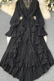 Chiffon Pleated Long Dress Women Vintage V-Neck Flare Sleeve Draped Ruffle Vestido Female Maxi Robe Spring