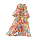 Sense Of Light Luxury Temperament Lantern Long Sleeve Round Neckt Thin Single Buckle Print Dress Elegant Long