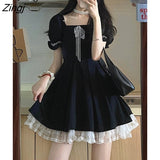 Black Kate Middleton Dress Summer High Waist Puff Sleeve Lace Ruffles Princess Lolita Dresse Japanese Harajuku Bad