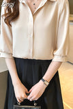 Women Shirt Three Quarter Sleeve Blouses for Women Satin Blouses and Shirts Summer Fashion Women Clothing White Women
