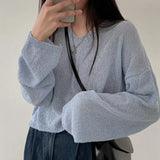 Solid Color V-Neck Oversized Knitted Tee-Outfit