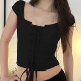 Zingj Spring New Women's Sexy Short Sleeve Square Collar Tie Pure Desire Temperament Crop Hot Girl